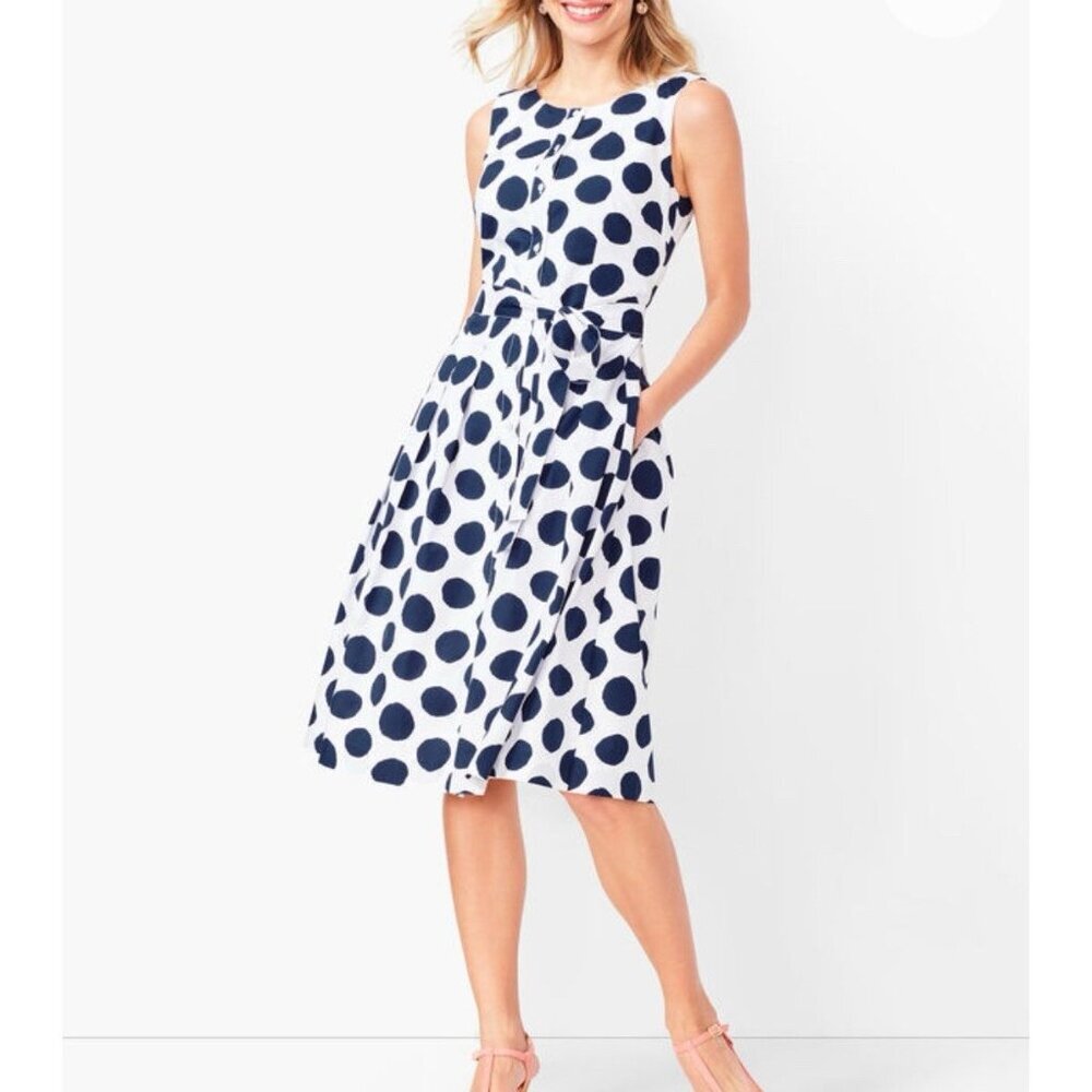 Talbots White Midi Dress with Navy Polka Dots